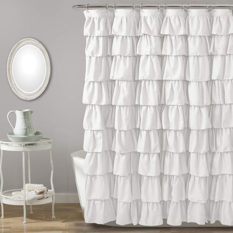 Lush Decor front view of white ruffle shower curtain showing feminine texture and clean style