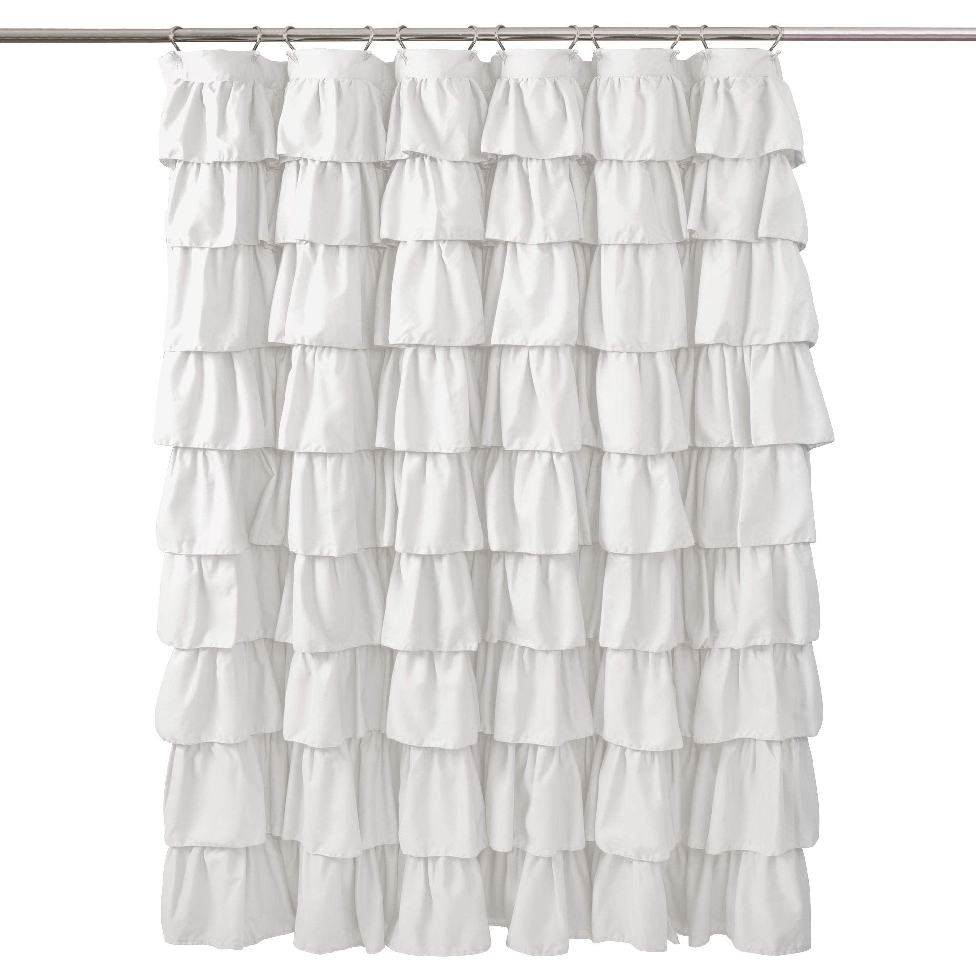 Lush Decor curtain beside tape measure showing 72 by 72 size and accurate shower fit