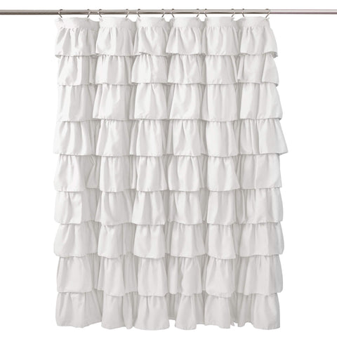 Lush Decor curtain beside tape measure showing 72 by 72 size and accurate shower fit