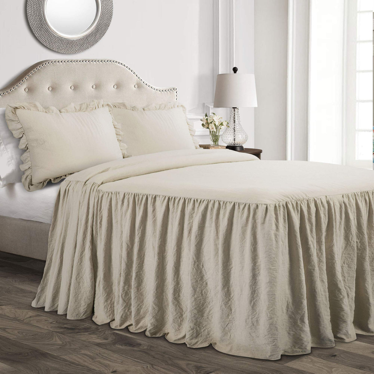 Lush Decor front view of ruffle skirt bedspread showing finished skirted look and charm