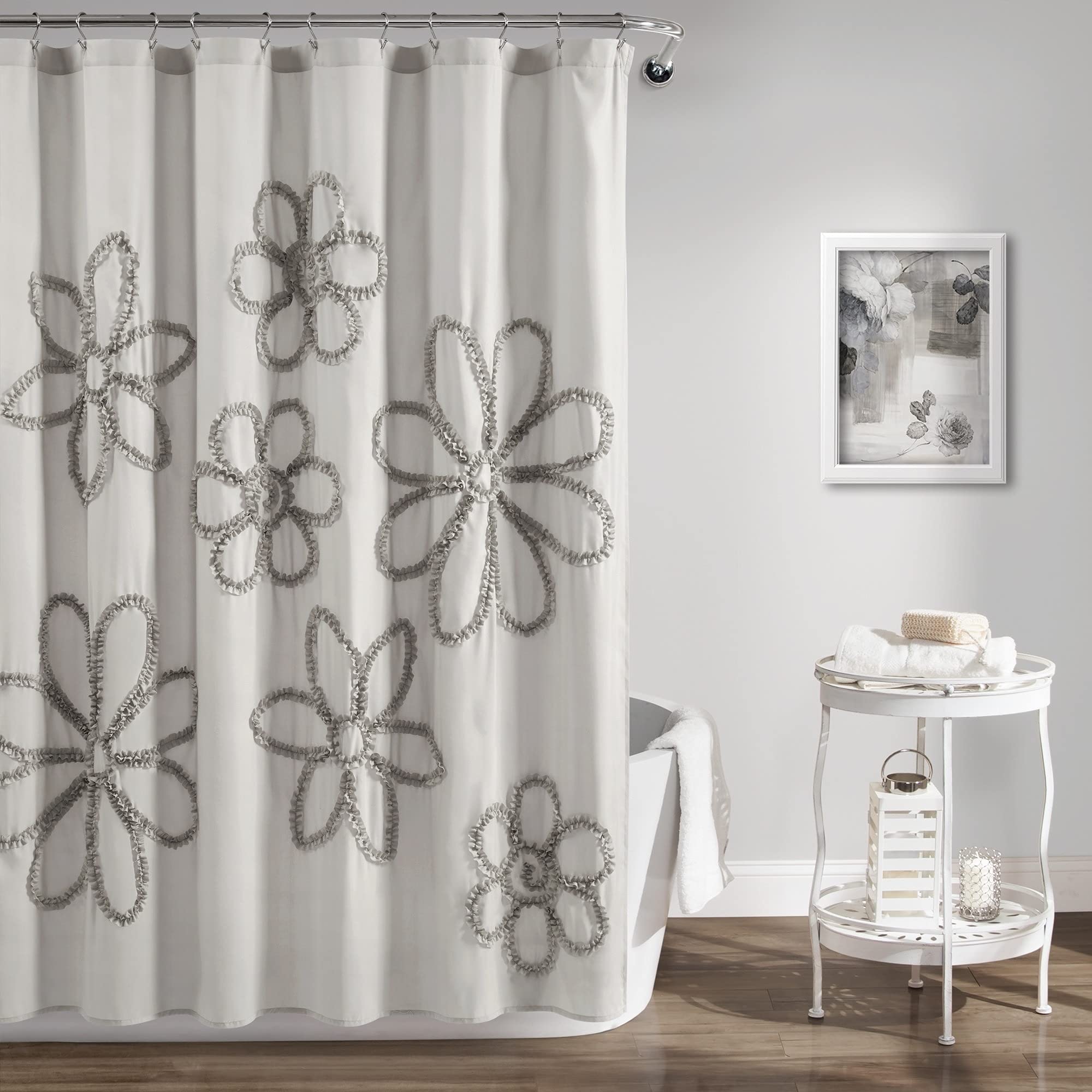 Lush Decor curtain beside a tub showing 72 by 72 inch fit for standard showers