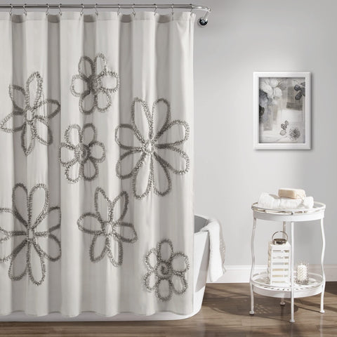 Lush Decor curtain beside a tub showing 72 by 72 inch fit for standard showers