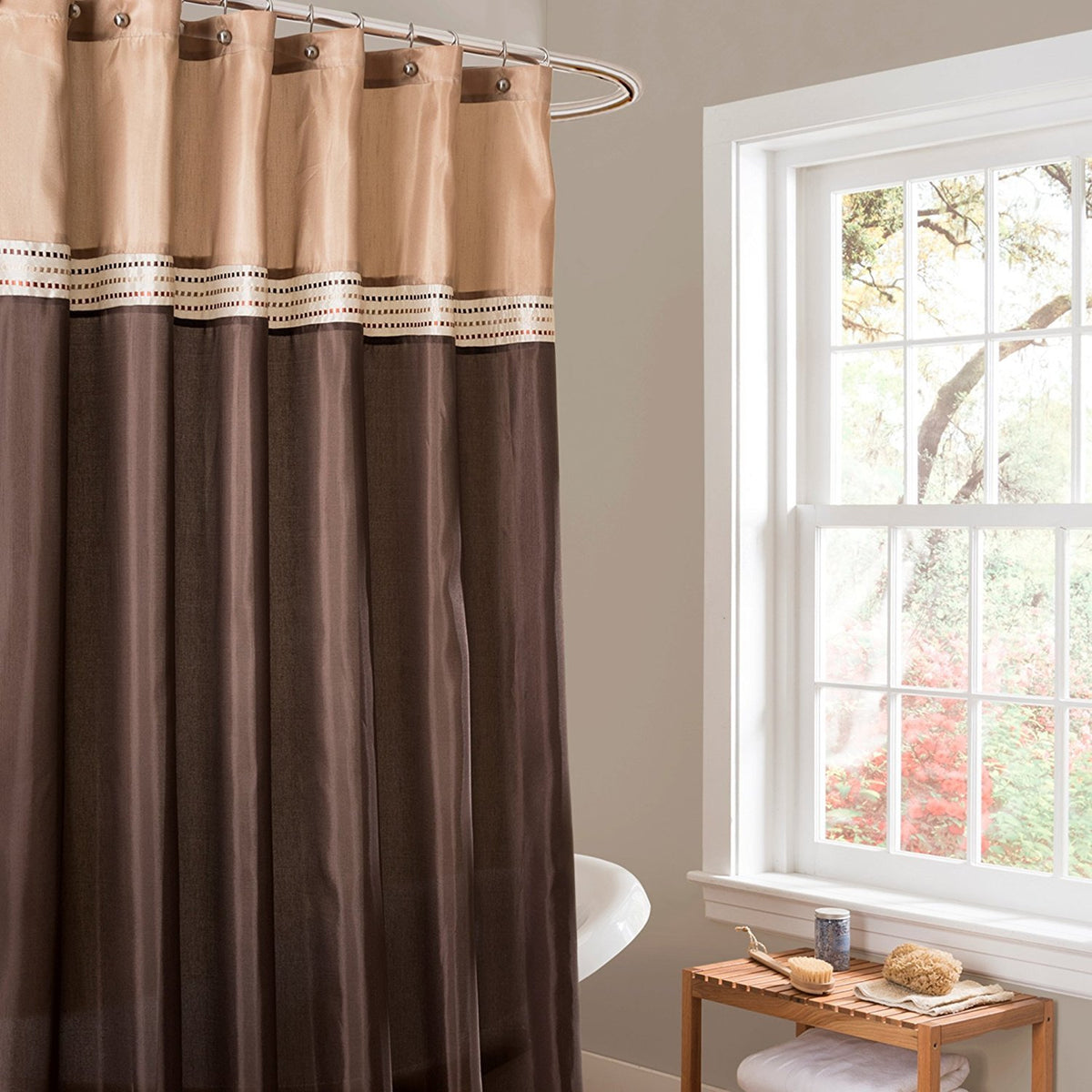 Lush Decor front view of shower curtain showing neutral color blocks and elegant sheen