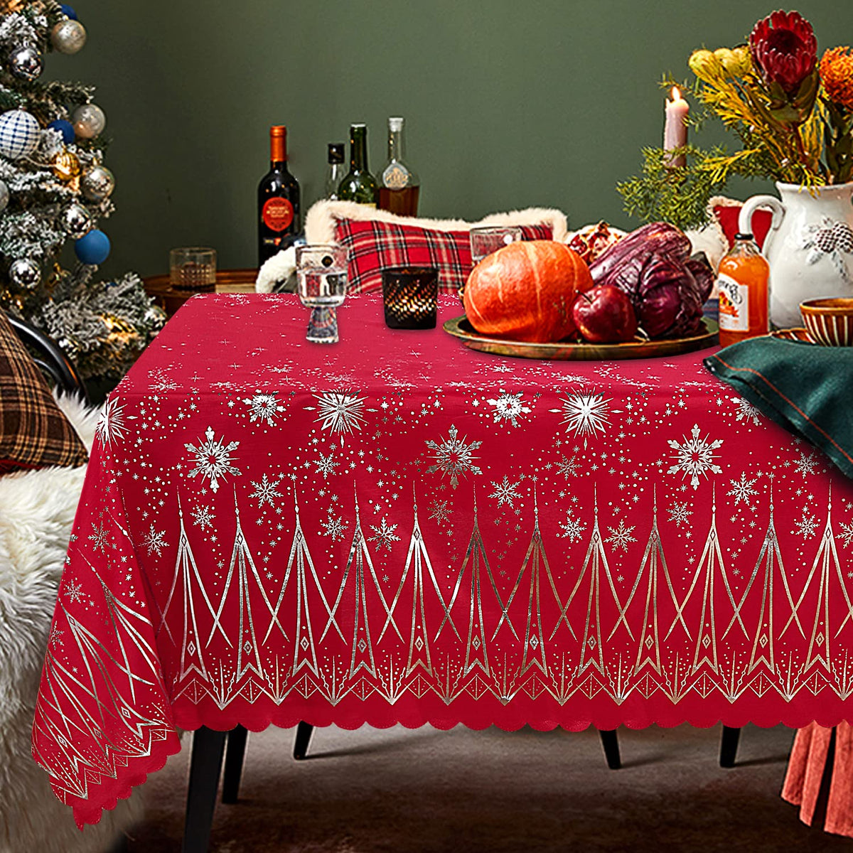 LUSHVIDA front view of Christmas tablecloth showing full festive design and table protection