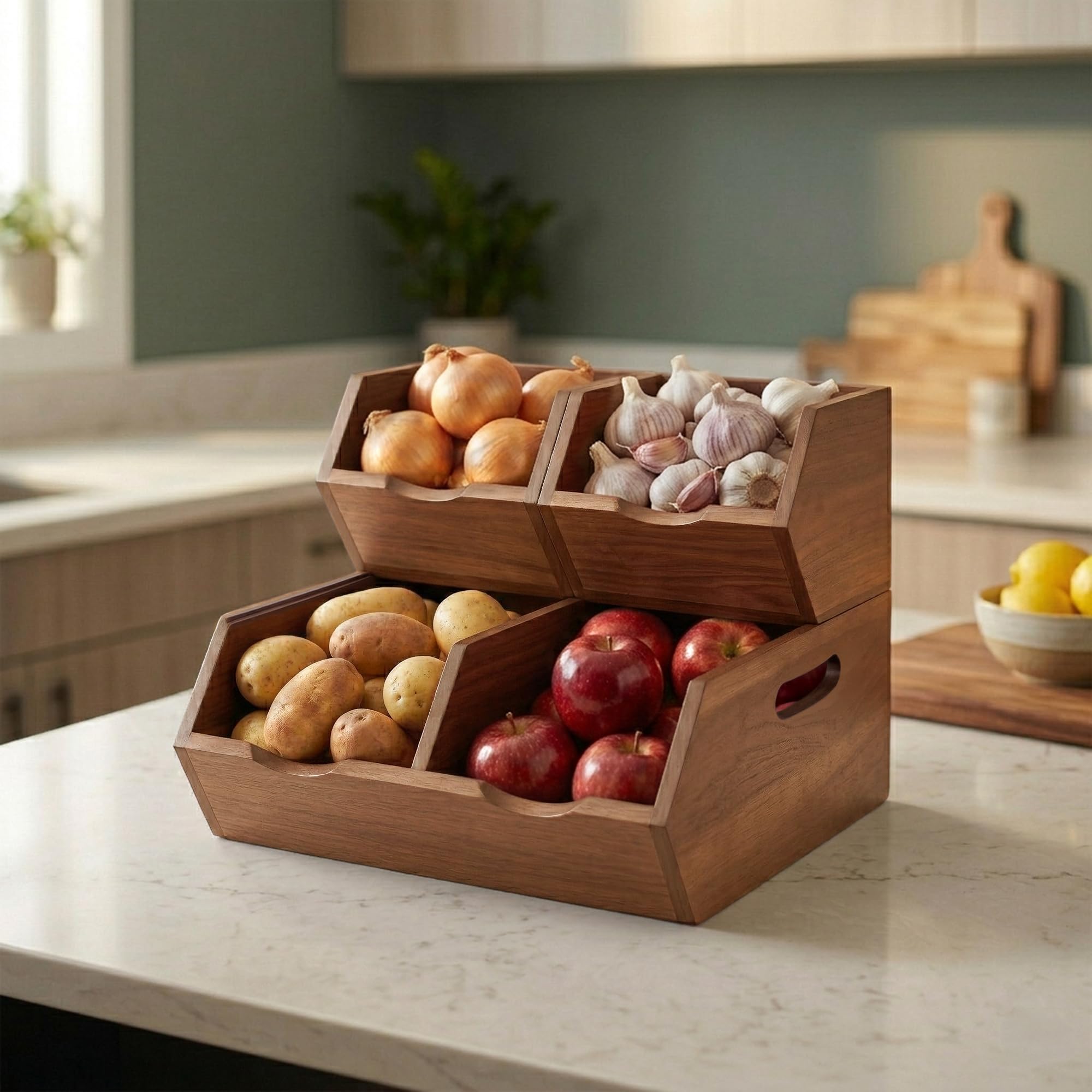 LUSHZLUMBERA bins holding potatoes onions and garlic to show versatile storage
