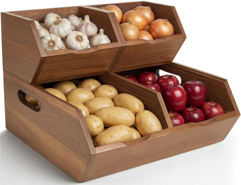 LUSHZLUMBERA front view of three acacia storage bins showing tidy organization