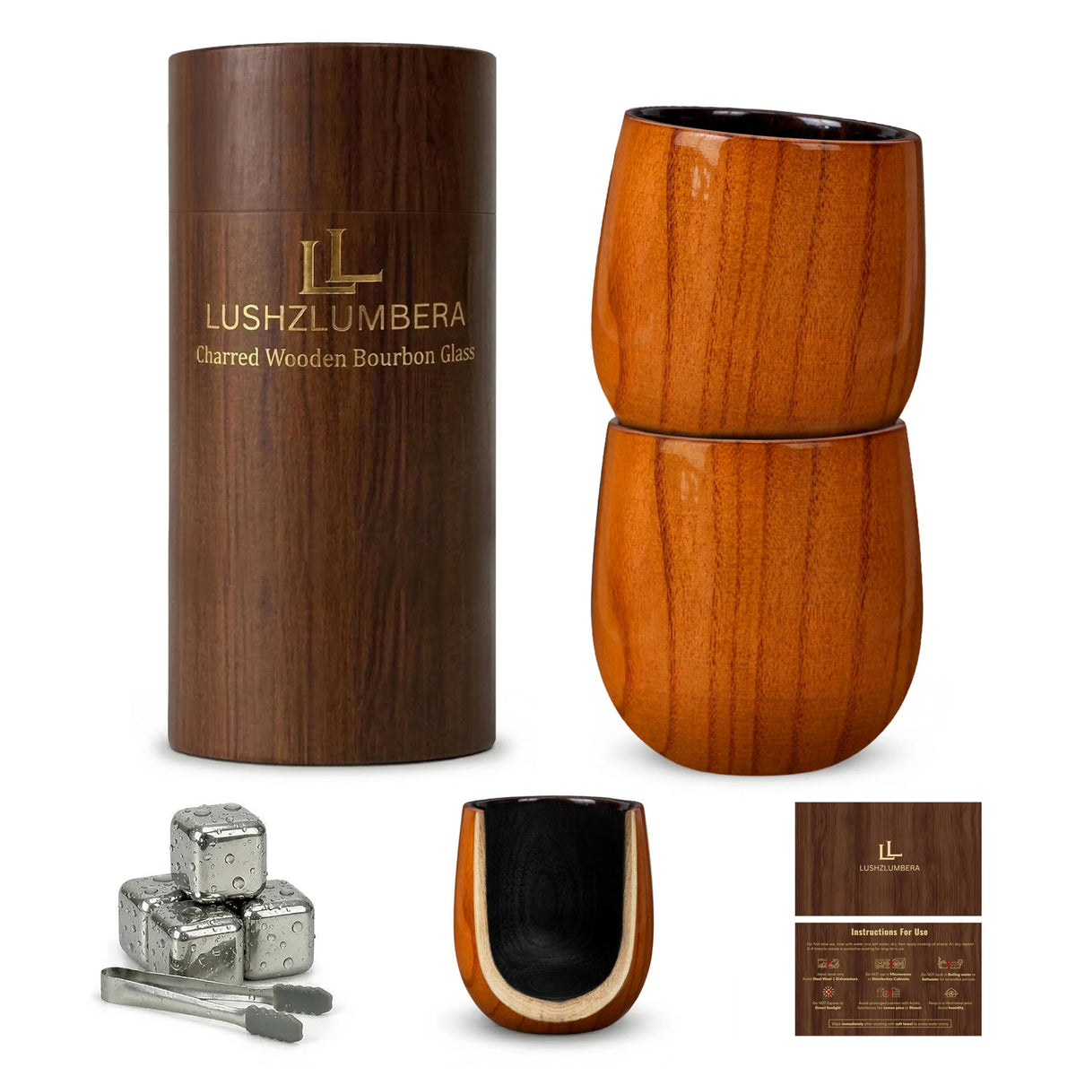 LUSHZLUMBERA front packaging of two wooden whiskey glasses, gift-ready