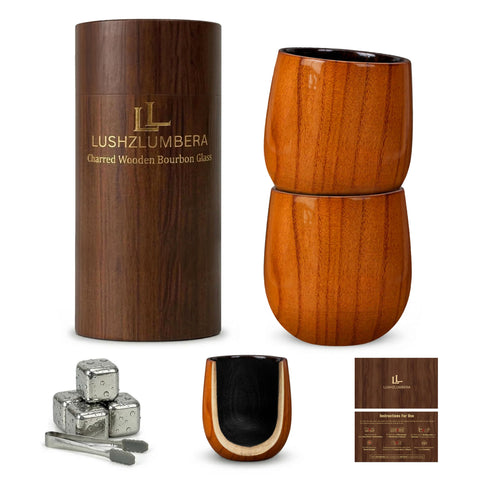 LUSHZLUMBERA front packaging of two wooden whiskey glasses, gift-ready