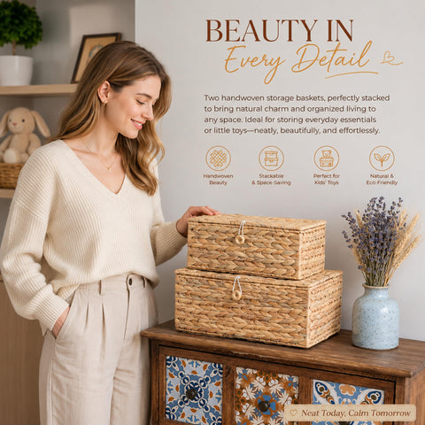 LUSYDECO baskets styled on shelf providing tidy decorative storage benefit