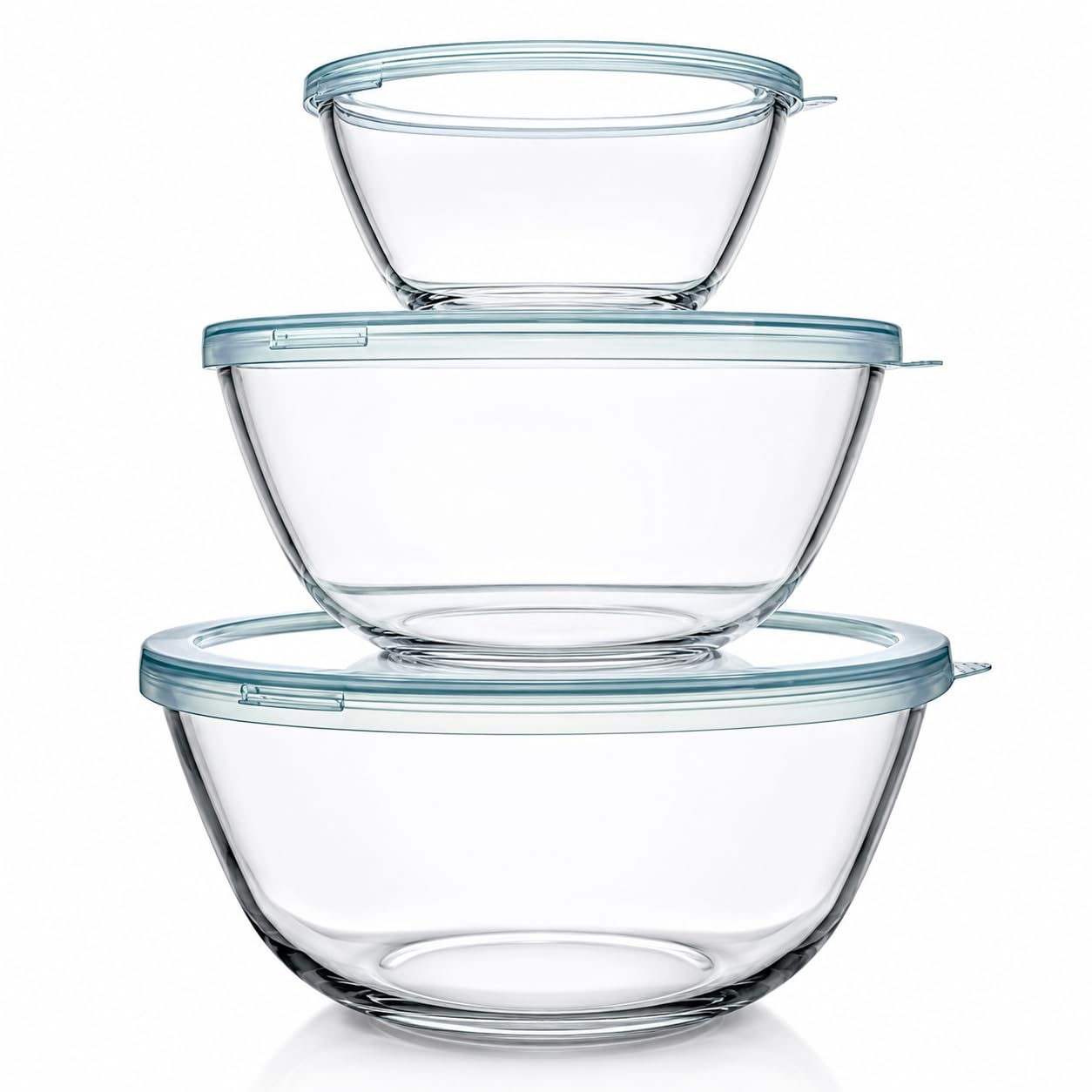 Luvan front packed set showing three clear bowls and lids for space-saving storage