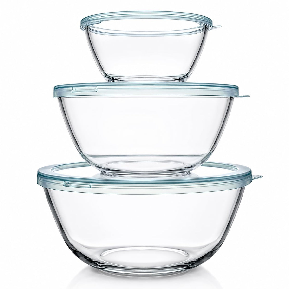 Luvan front packed set showing three clear bowls and lids for space-saving storage