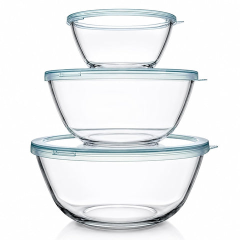 Luvan front packed set showing three clear bowls and lids for space-saving storage