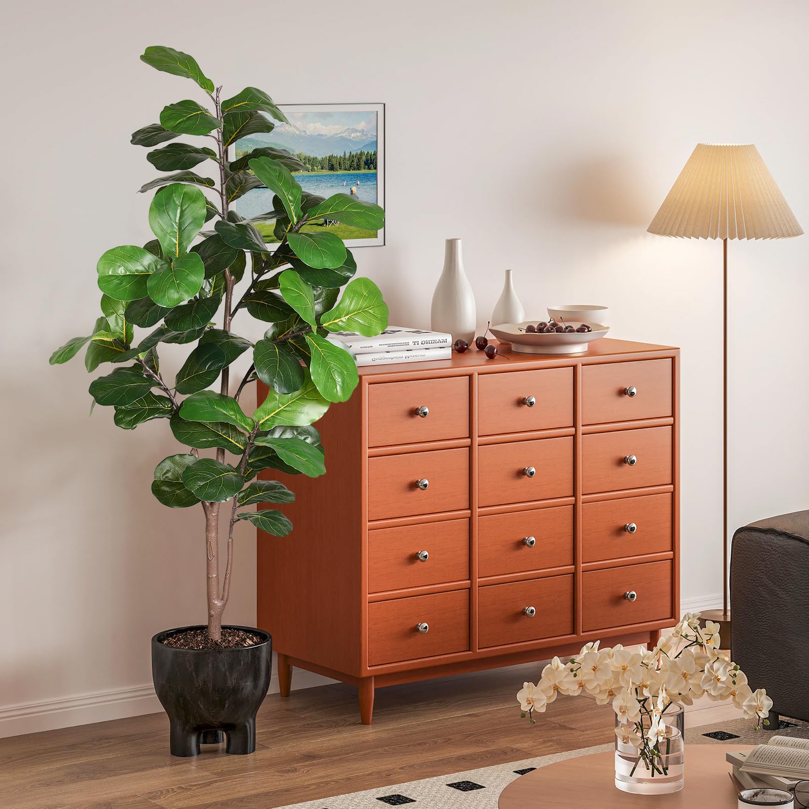 LUWENER styled living room scene with artificial fig tree adding focal decor