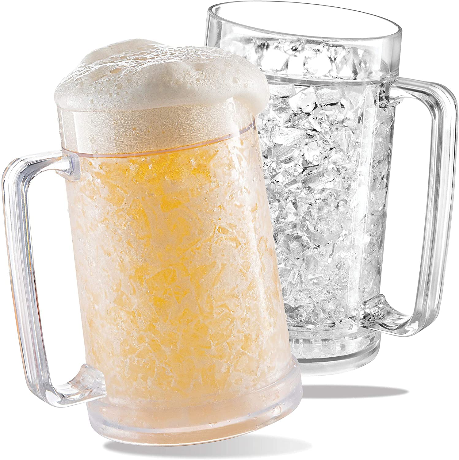 luxail front view of two freezer beer mugs showing design and capacity benefit