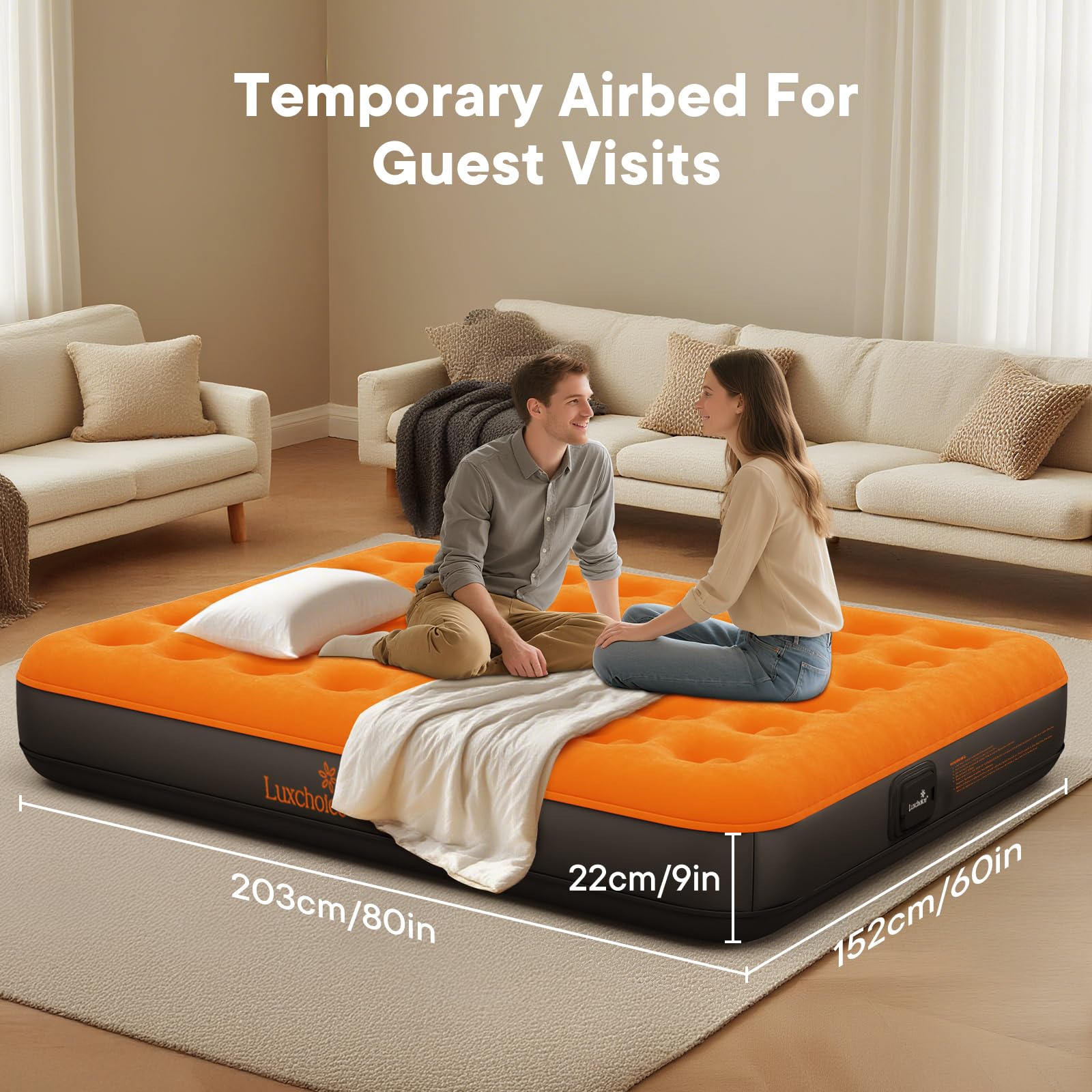 Luxchoice mattress beside chair showing queen size scale and room fit