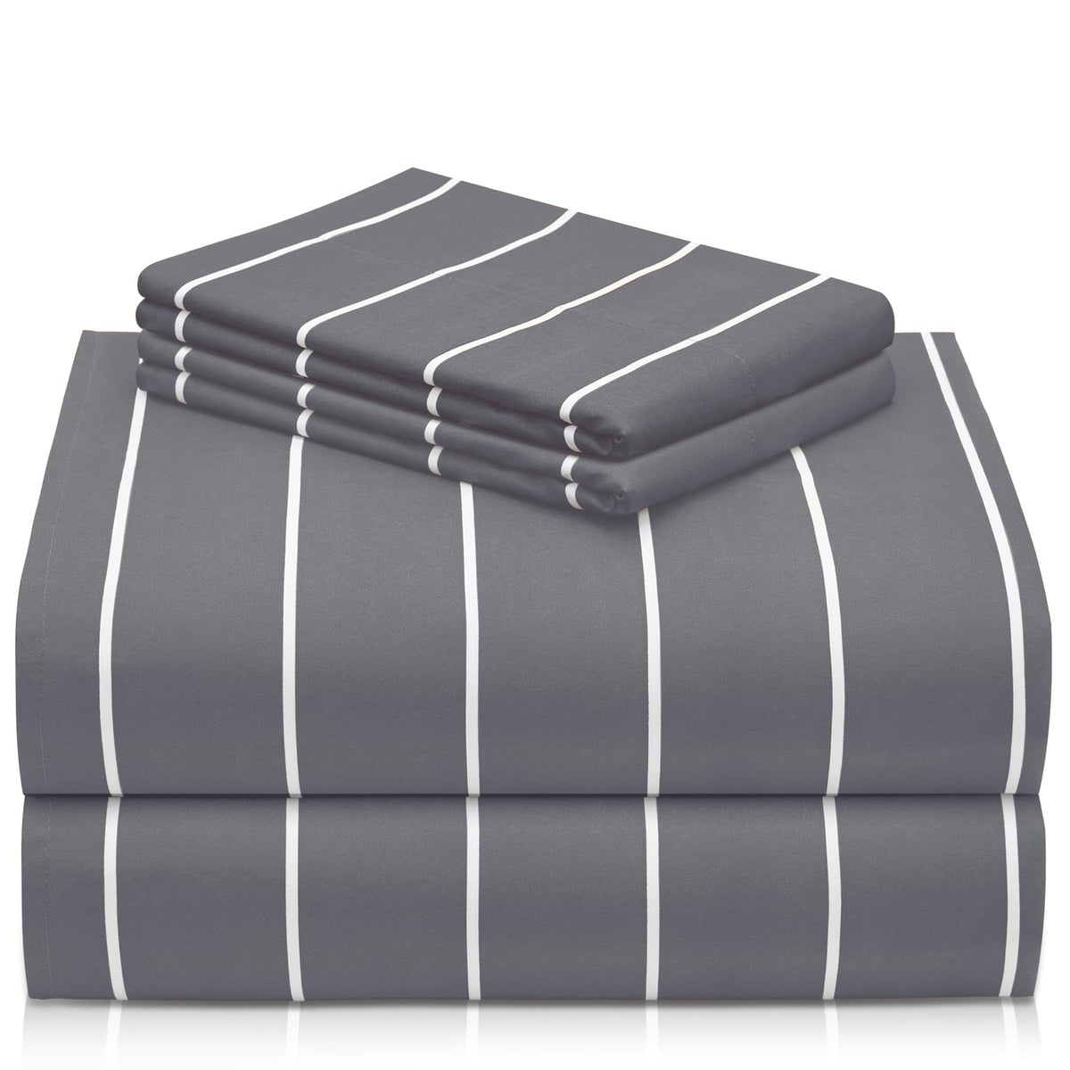 LuxClub front view of queen striped sheet set shows tidy hotel-style look and comfort