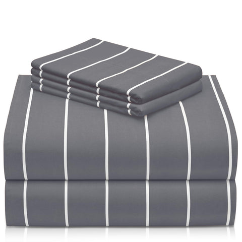 LuxClub front view of queen striped sheet set shows tidy hotel-style look and comfort