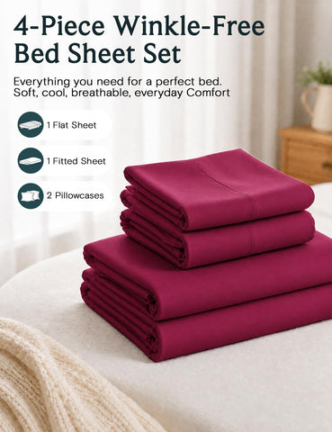 LuxClub sheets on styled bed conveying cool, hotel-like sleep experience