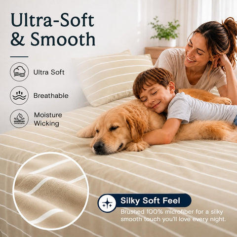 LuxClub close-up of fitted sheet stripe pattern and smooth finish benefit