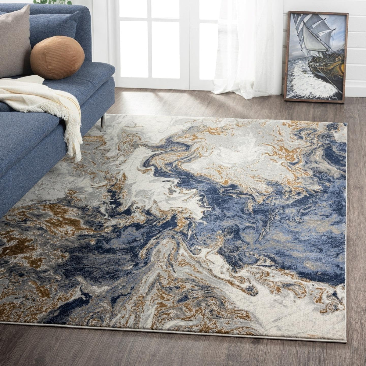LUXE WEAVERS front view of blue marble swirl rug showing overall pattern and balance