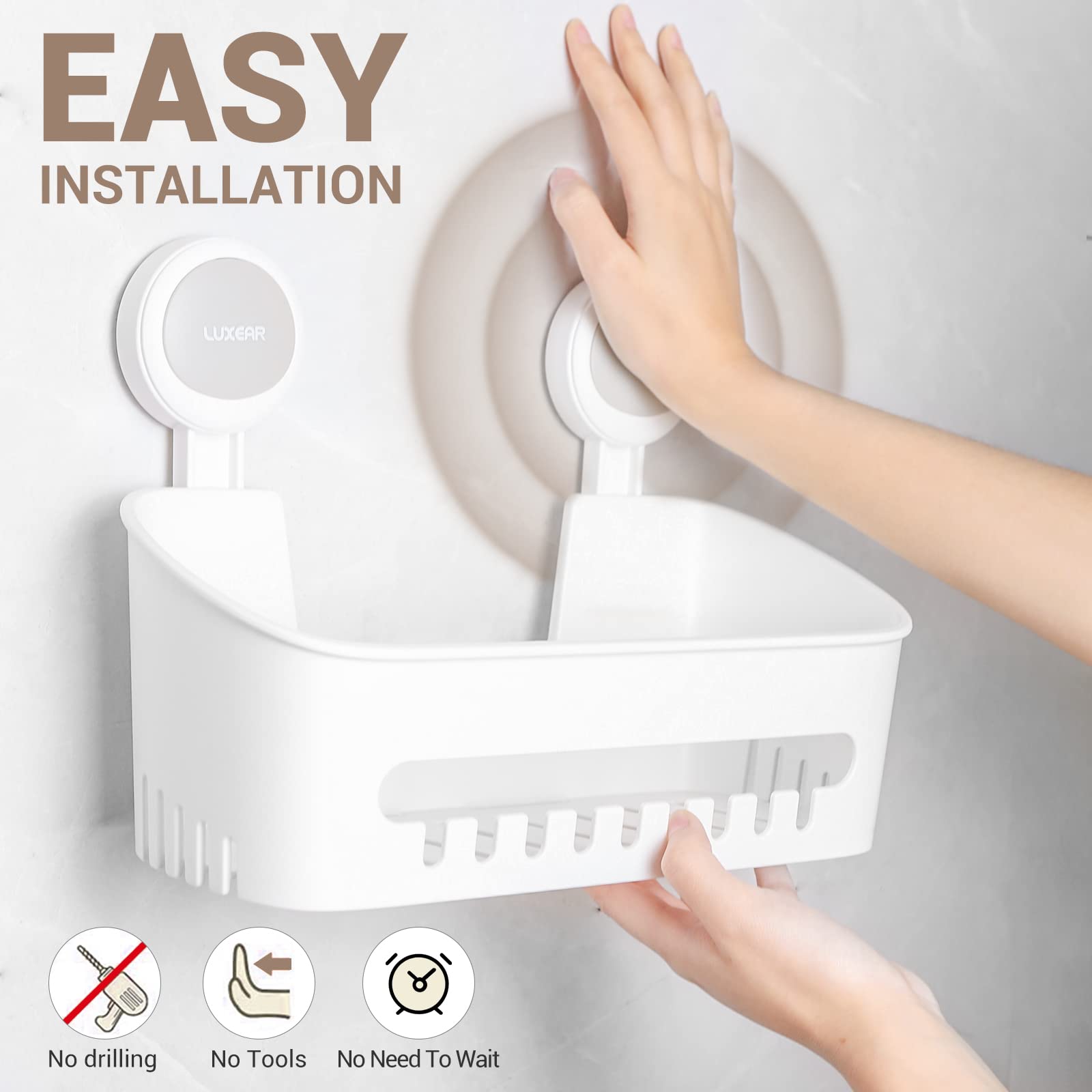 LUXEAR shower basket mounted in shower offering clutter-free storage