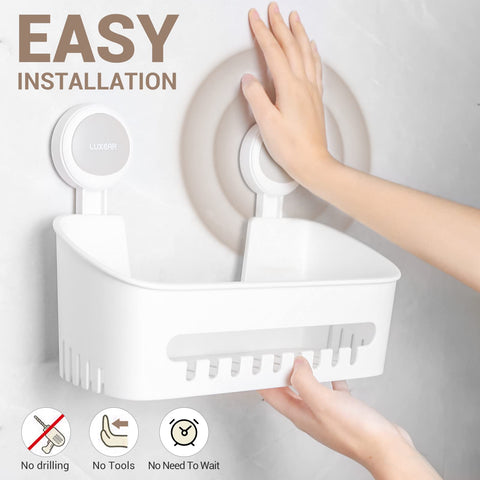 LUXEAR shower basket mounted in shower offering clutter-free storage