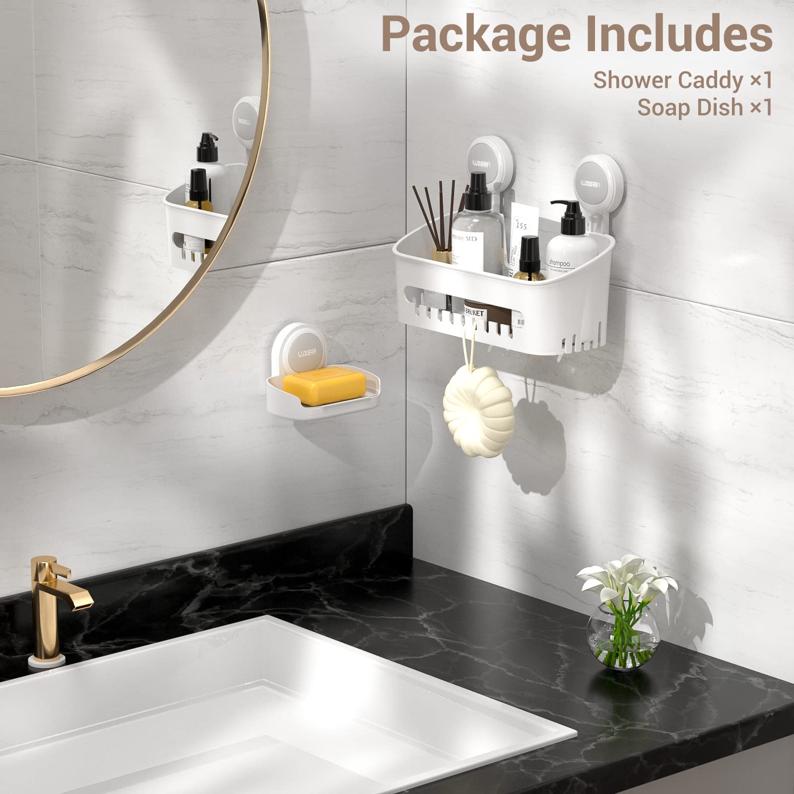 LUXEAR caddy beside shampoo bottles showing scale and capacity