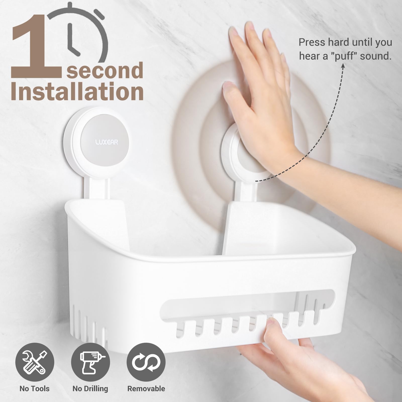 LUXEAR suction hook detail highlighting strong hold benefit