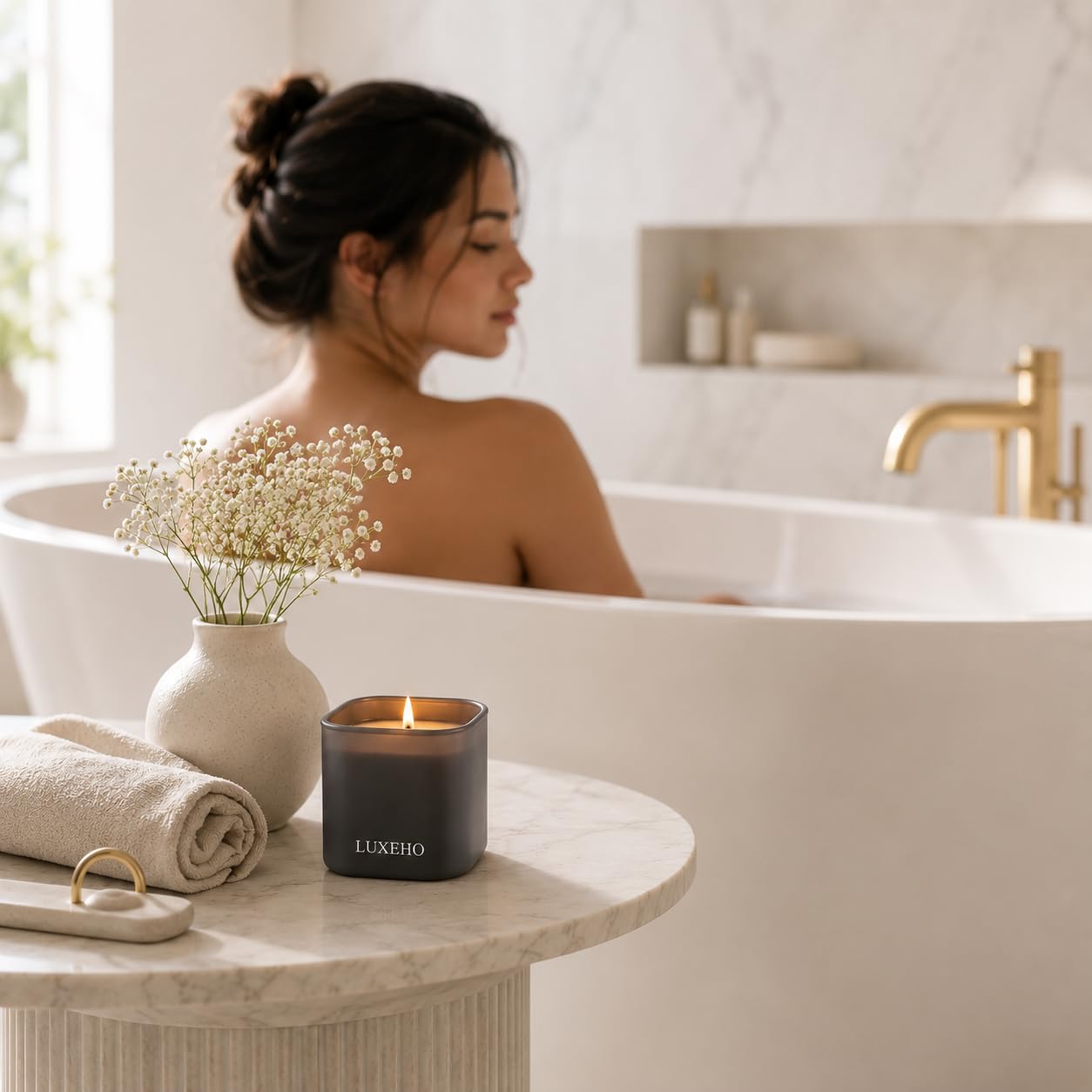 LUXEHO lifestyle scene in cozy living room creating spa-like relaxation