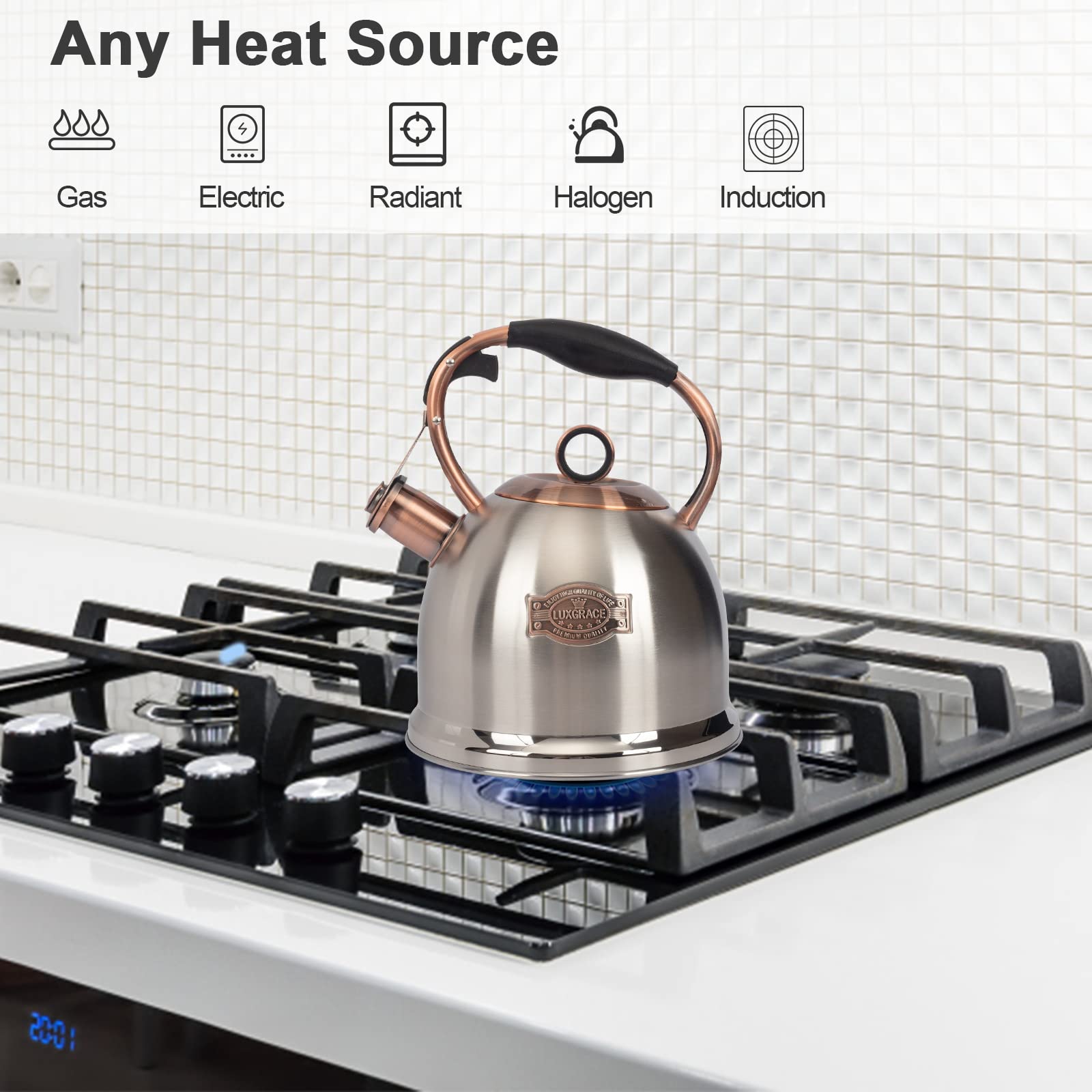 LUXGRACE close-up of whistling spout cap illustrating audible-boil alert