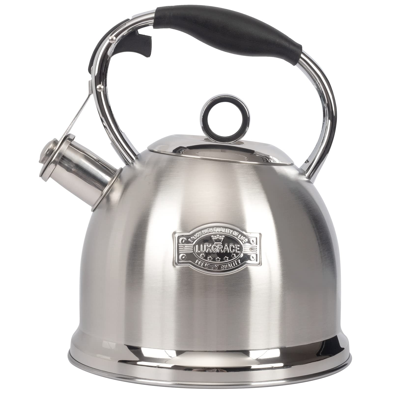 LUXGRACE kettle front view showing full stainless-steel body and elegant finish, durable design benefit