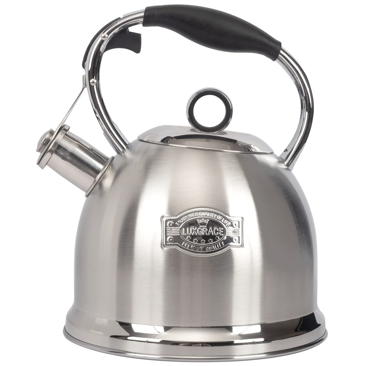 LUXGRACE kettle front view showing full stainless-steel body and elegant finish, durable design benefit