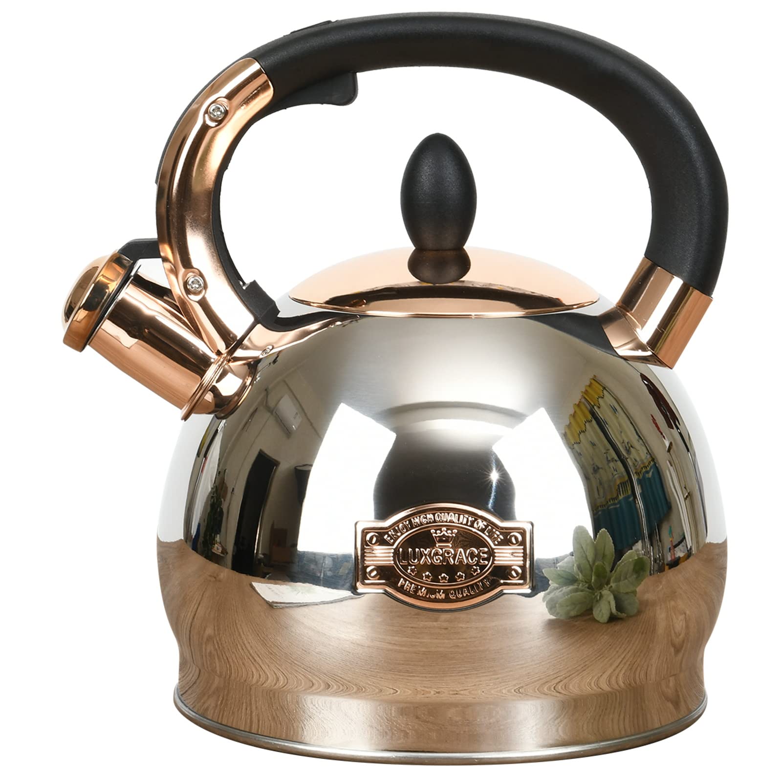 LUXGRACE front view of stainless kettle showing sleek metallic finish and capacity benefit