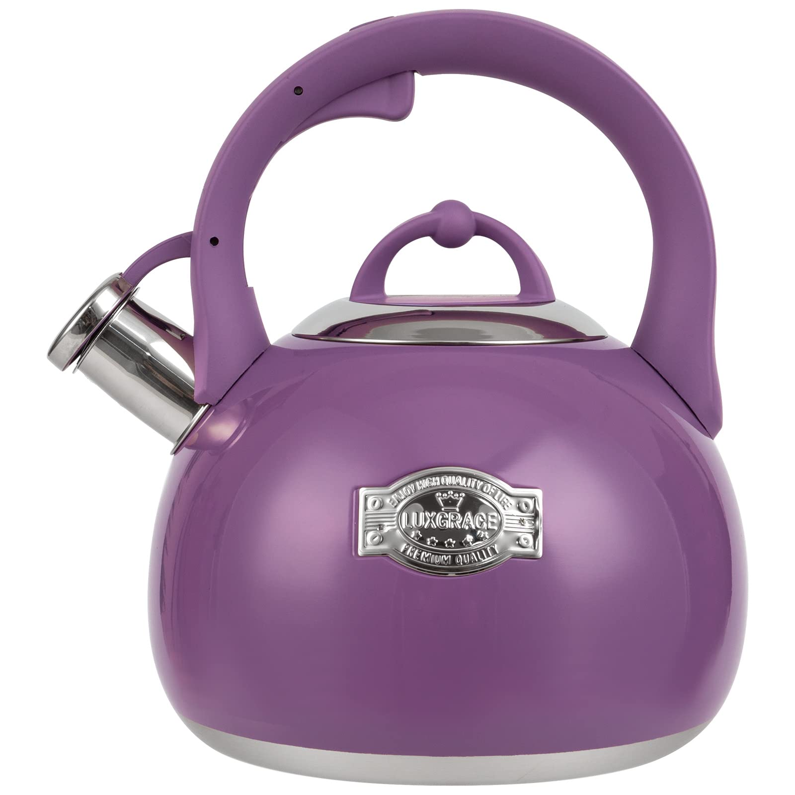 LUXGRACE front view of stainless steel kettle showing durable finish and capacity benefit