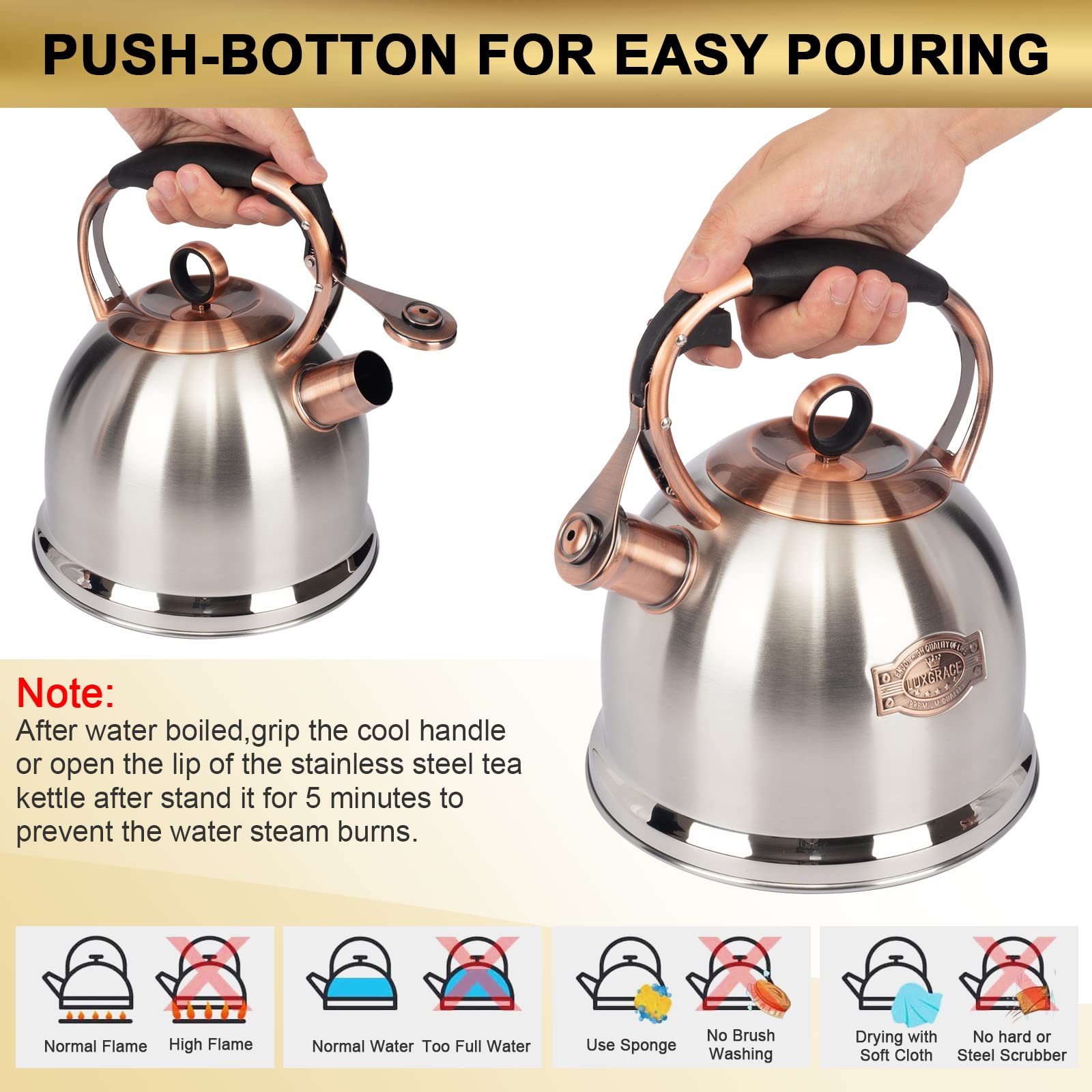 LUXGRACE kettle placed on induction stove demonstrating broad stovetop compatibility