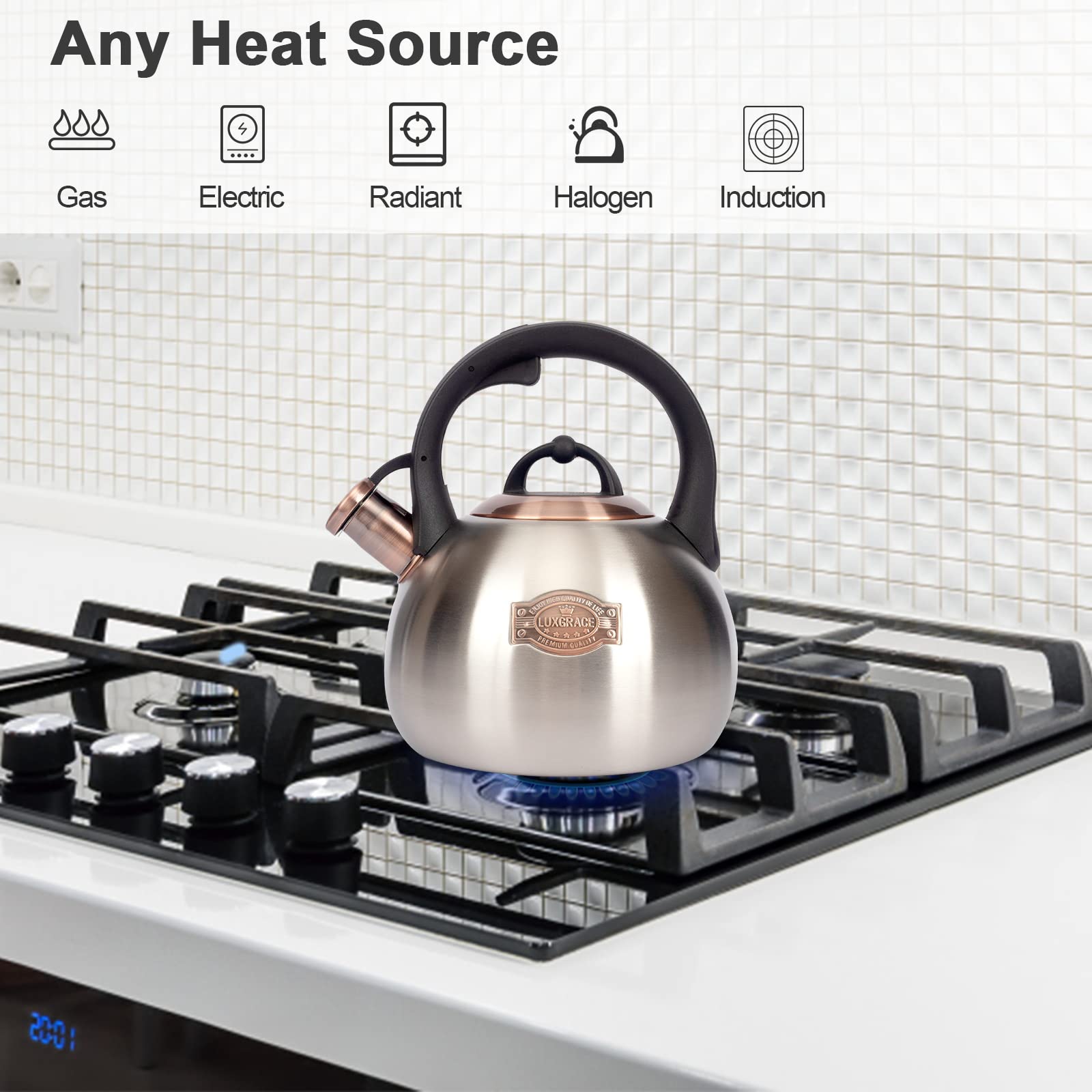 LUXGRACE kettle side profile highlighting ergonomic handle for secure comfortable pouring
