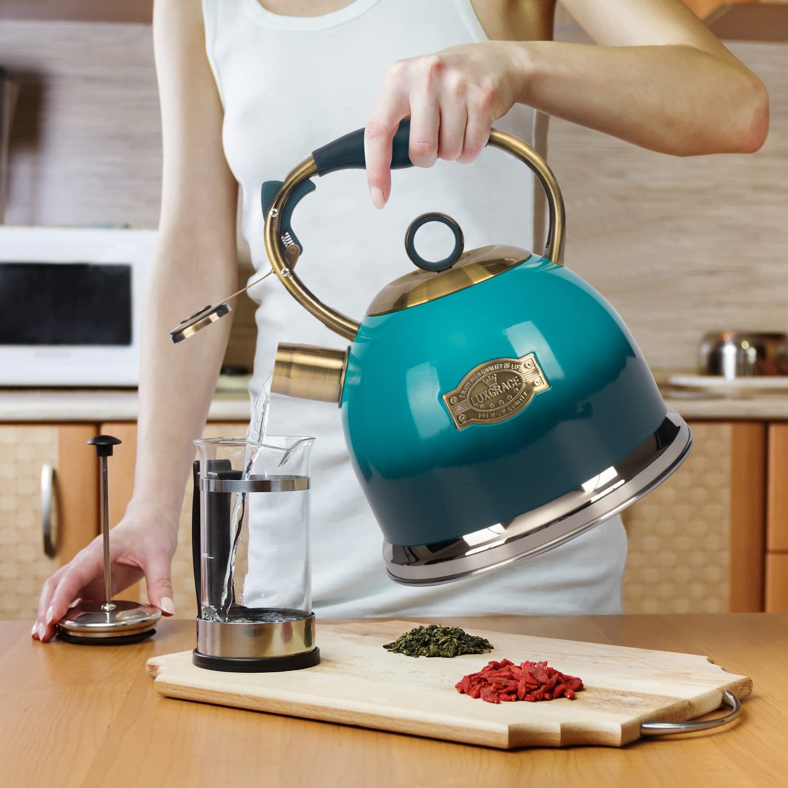 LUXGRACE kettle sitting on induction stove showing compatibility and style