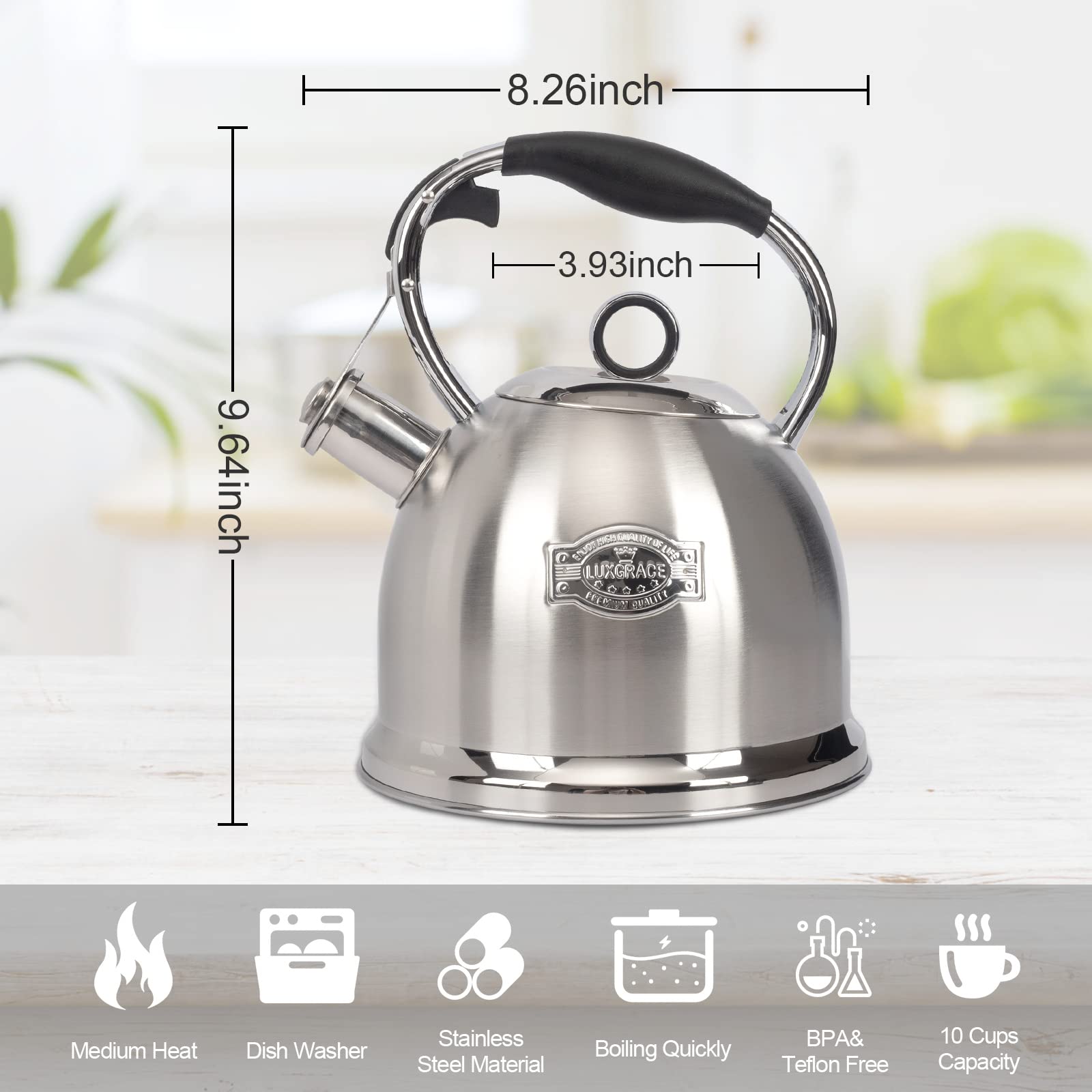 LUXGRACE kettle next to coffee mug showing 3.0 quart scale for family-sized capacity benefit
