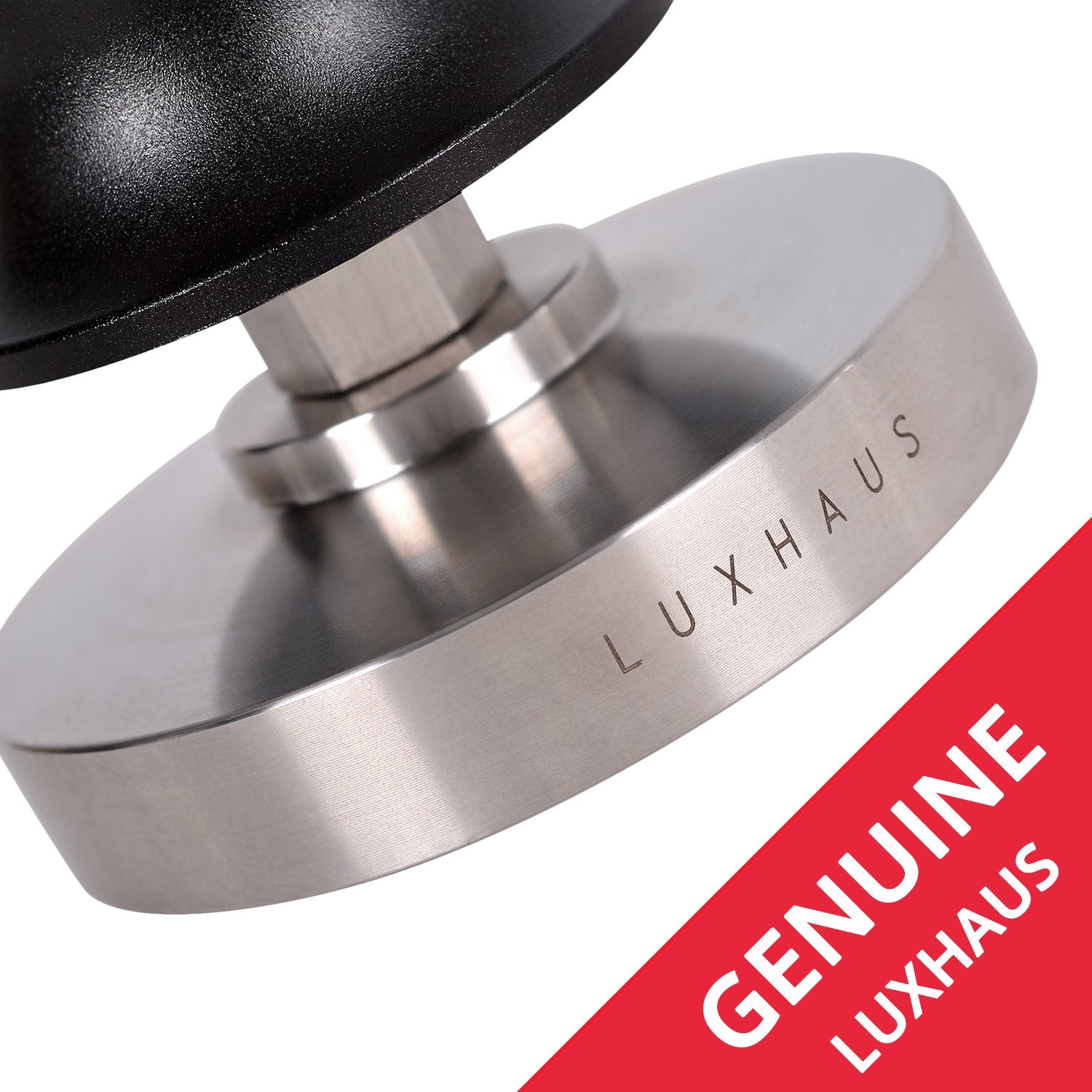 LuxHaus tamper on kitchen counter with espresso setup, showcasing professional workflow