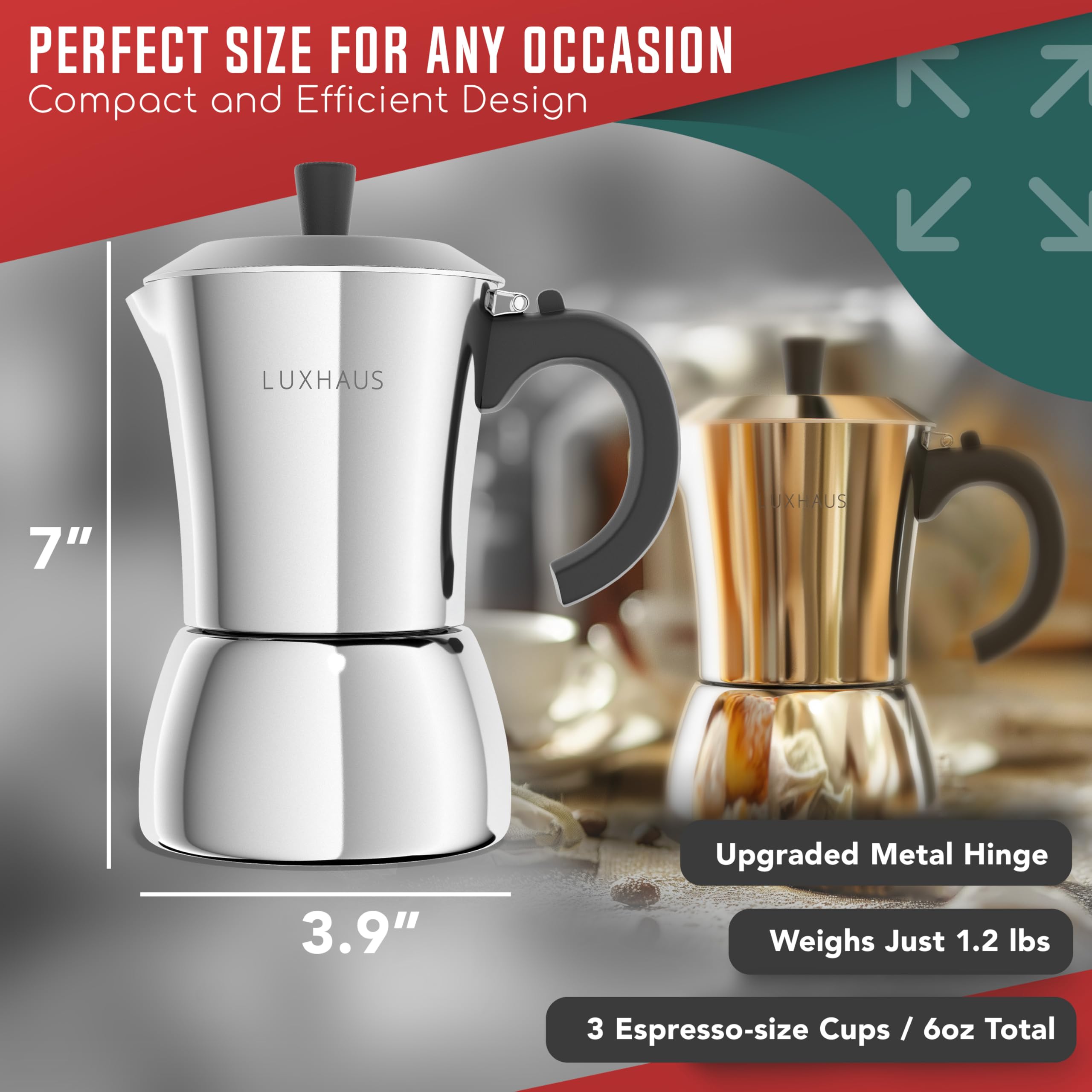 LuxHaus closeup of heat-resistant handle for safe pouring and comfortable grip benefit
