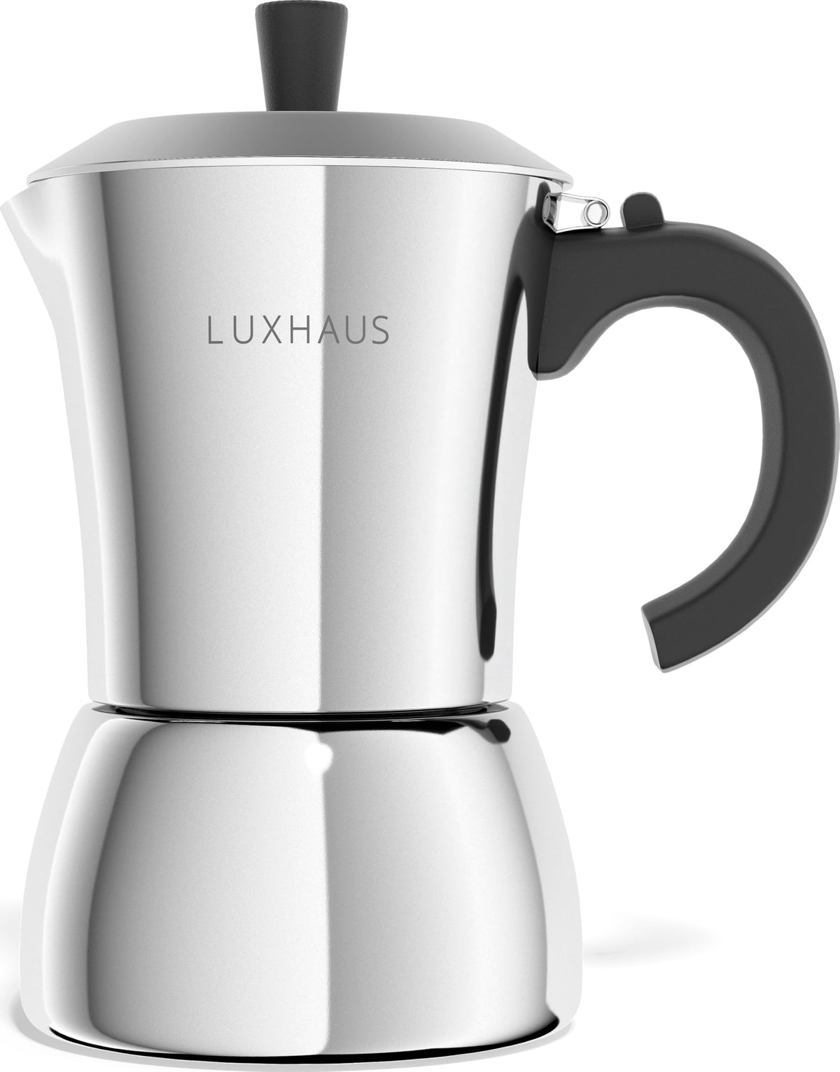 LuxHaus front view of moka pot showing sleek stainless finish and compact size benefit