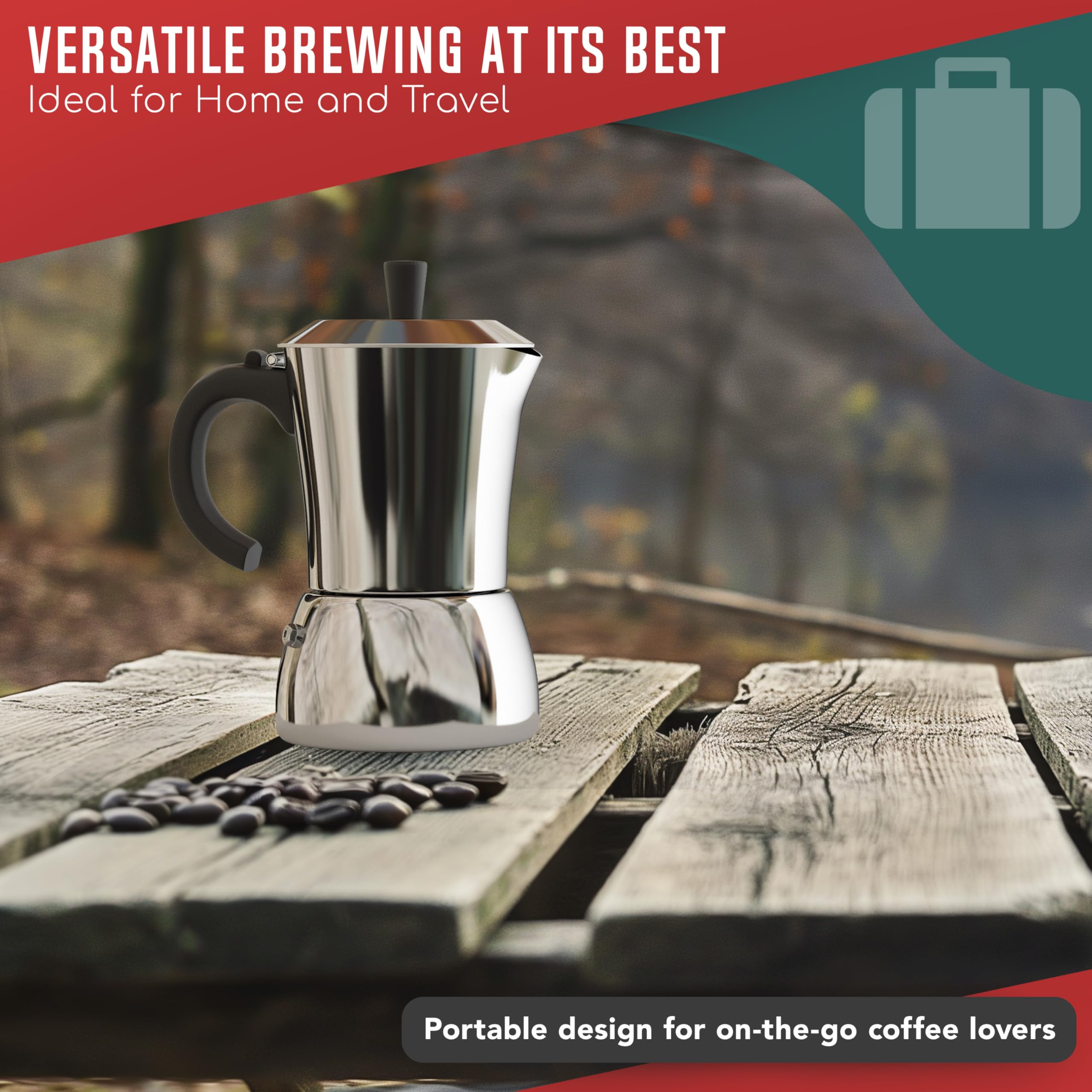 LuxHaus moka pot in a breakfast setting illustrating everyday use and quick brewing benefit
