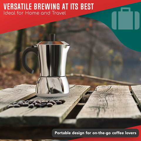 LuxHaus moka pot in a breakfast setting illustrating everyday use and quick brewing benefit