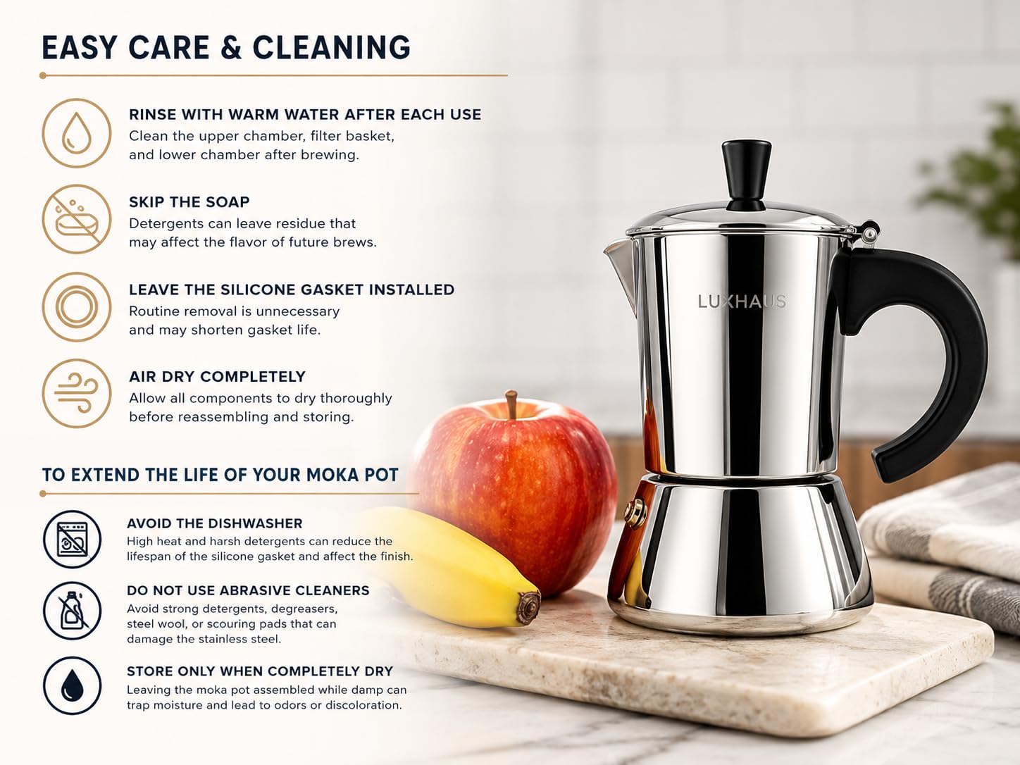 LuxHaus moka pot next to espresso cup demonstrating scale and serving capacity benefit