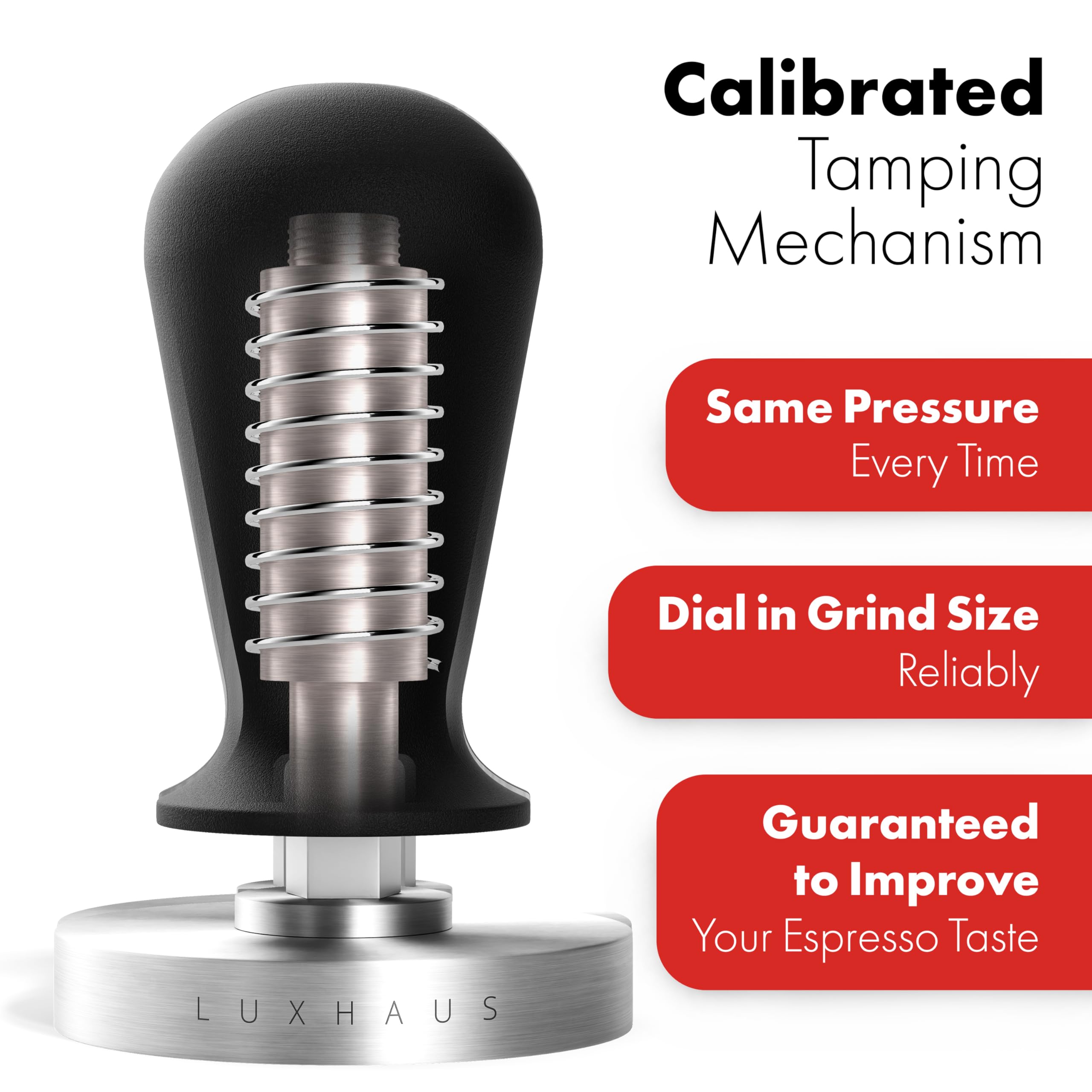 LuxHaus detailed shot of spring-loaded mechanism, ensuring repeatable tamp pressure