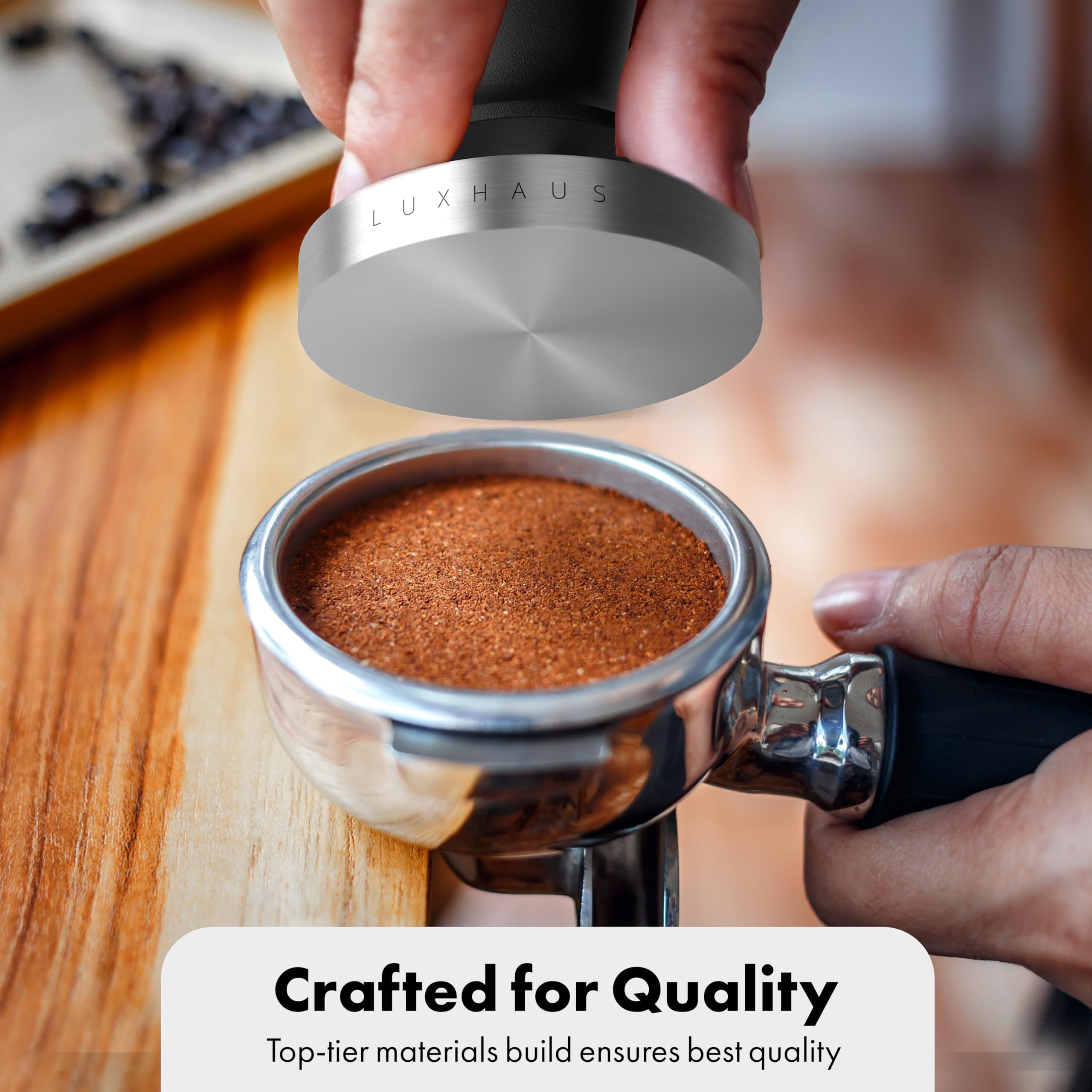 LuxHaus tamping on portafilter, promoting even puck compression and better extraction