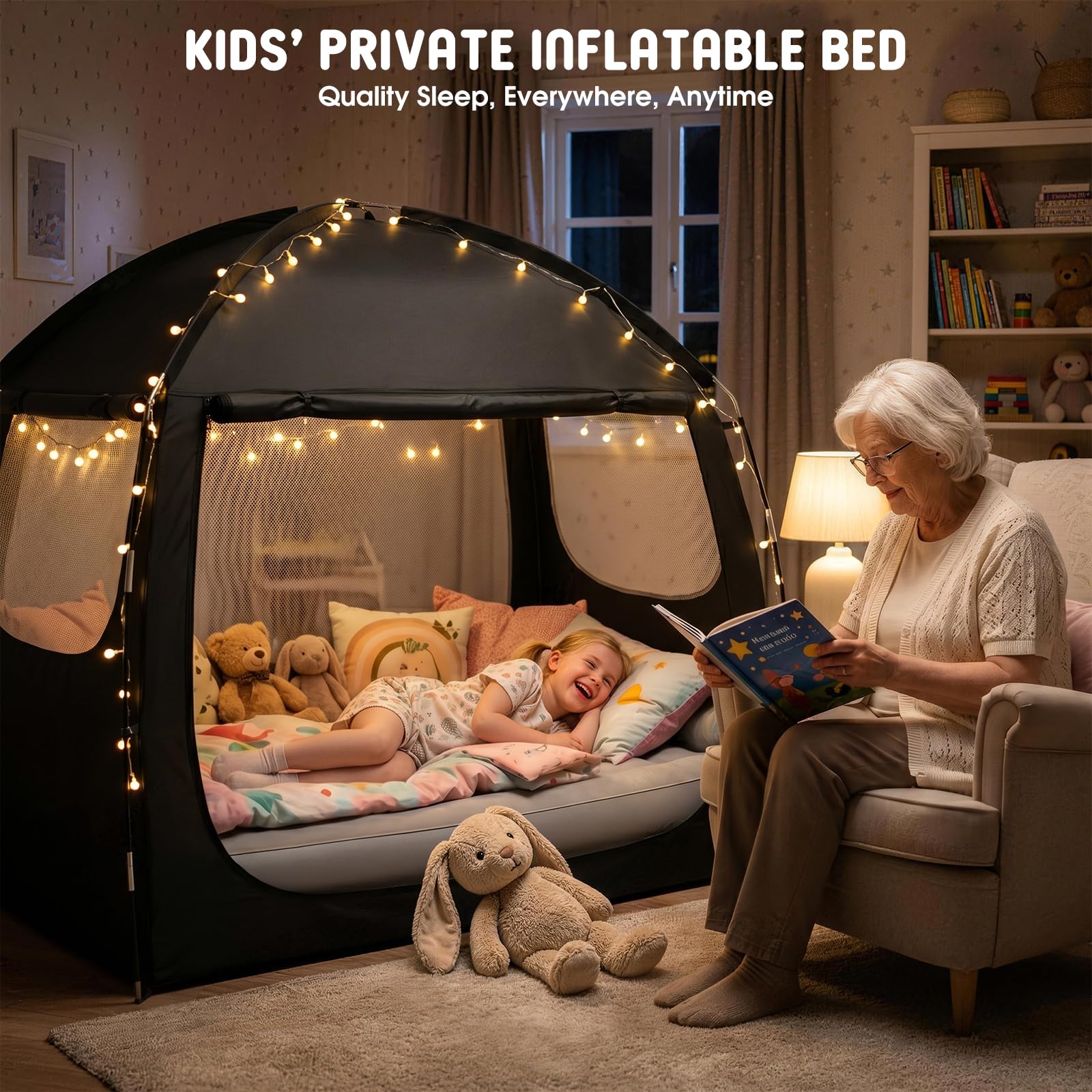 LuxPool family setup lifestyle scene showing quick assembly and travel use