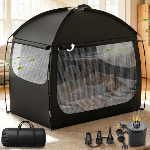 LuxPool front view packaged showing full tent and mattress, ideal for travel convenience