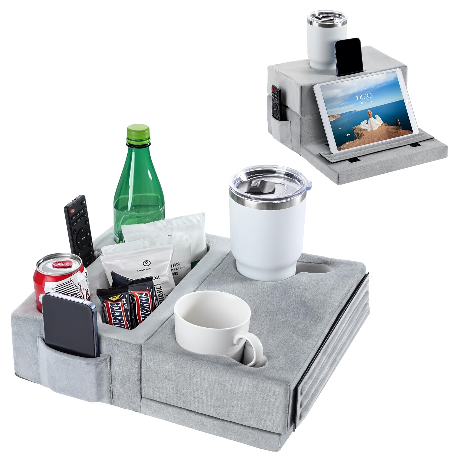 Luxspire front view of gray couch caddy showing organization benefits