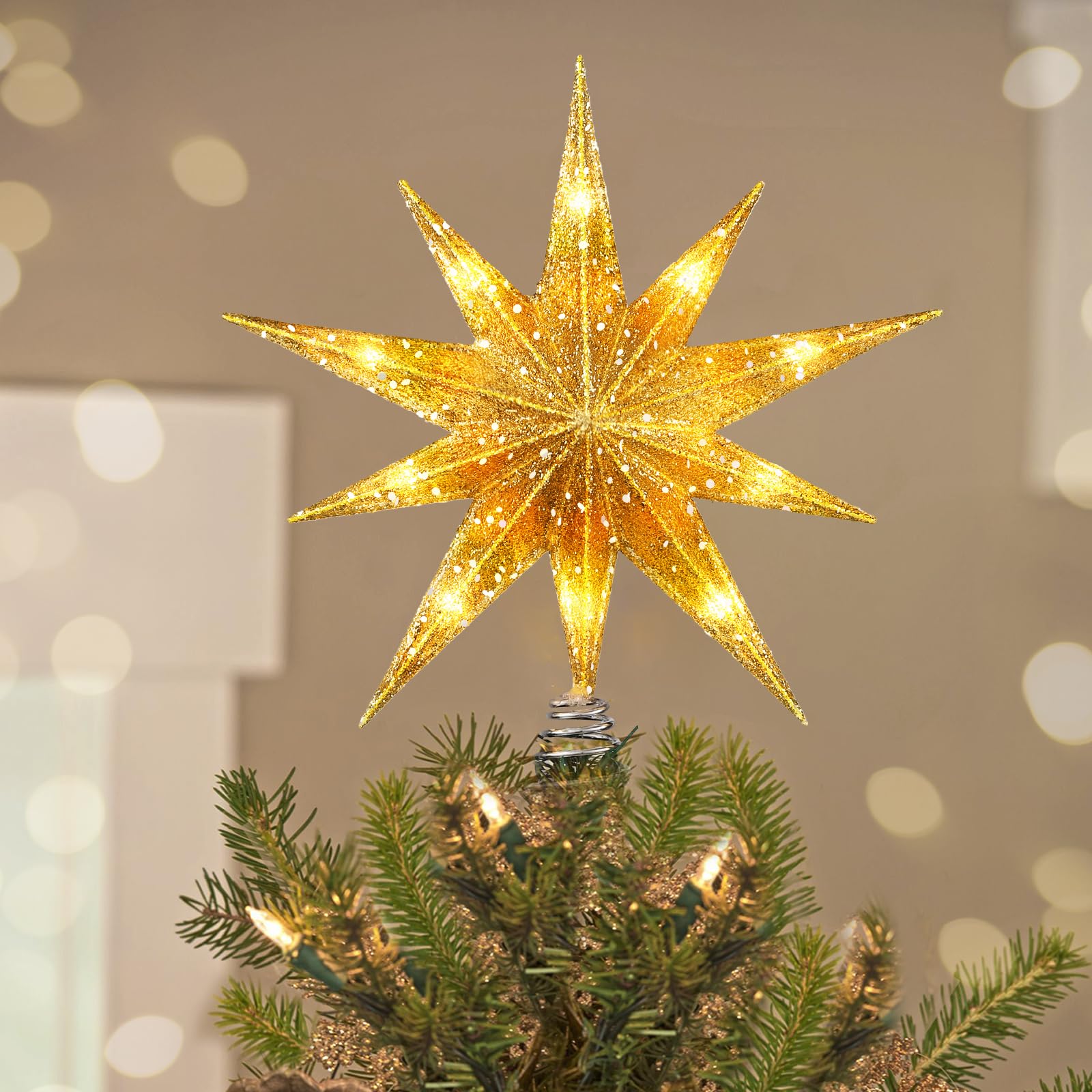 Luxspire gold star topper front view showing elegant shape and festive glow benefits centerpiece appeal